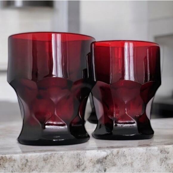 2- Vintage MCM Georgian /Honeycomb Ruby Red-5oz Flat Based Tumblers -3”x 2.75” - Picture 3 of 5